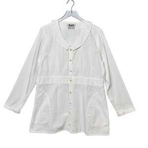 FLAX White Linen Peter Pan Collar Women’s Lagenlook Button Down Tunic Shirt Sz M